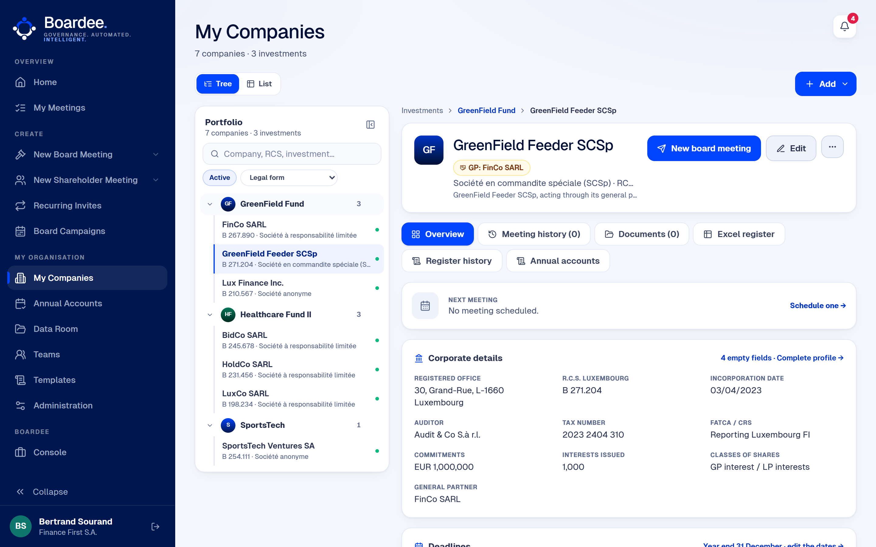 A company file in Boardee: general partner, board, shareholder register