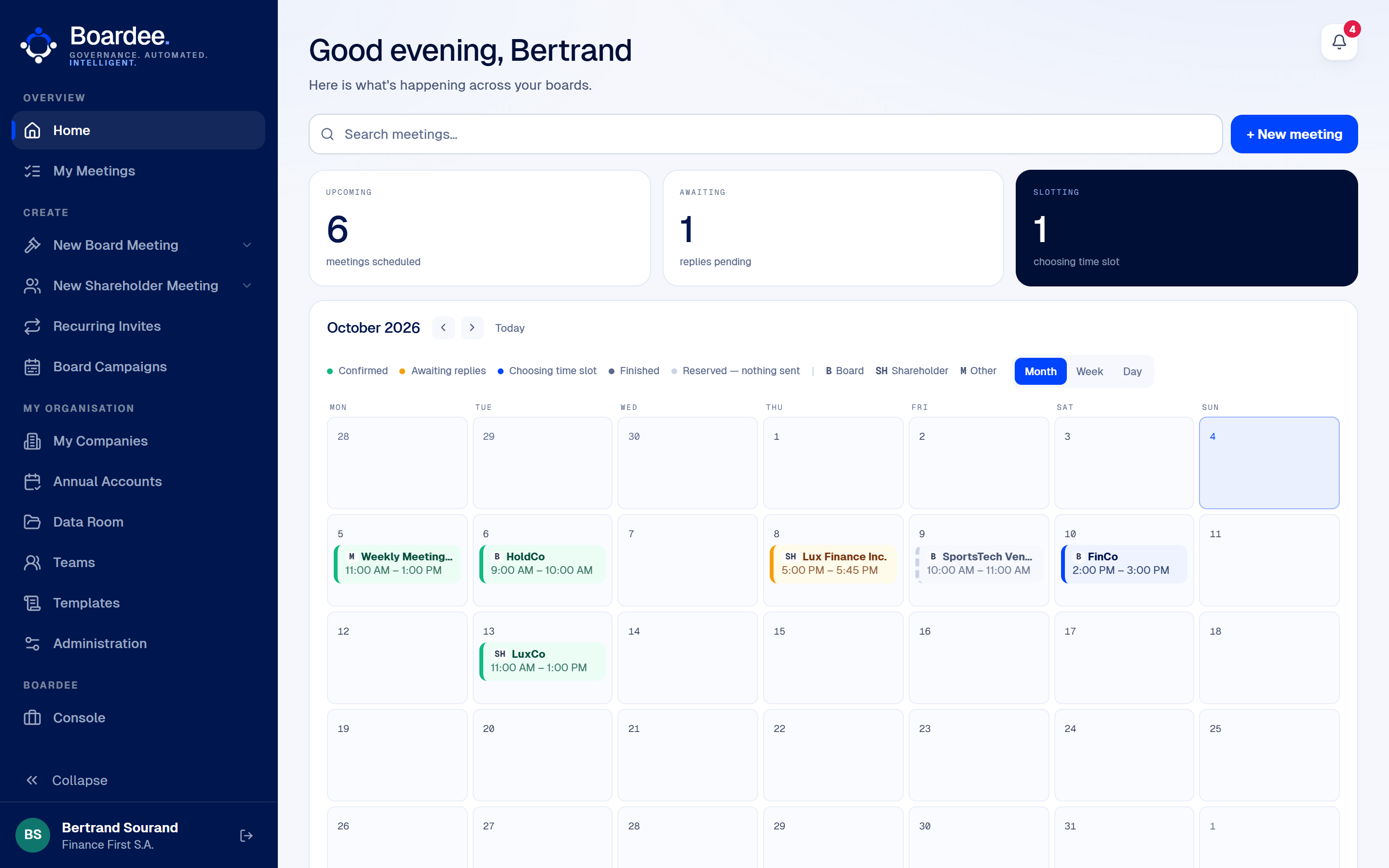 The dashboard: the month's meetings, what is awaiting a reply, what is being scheduled