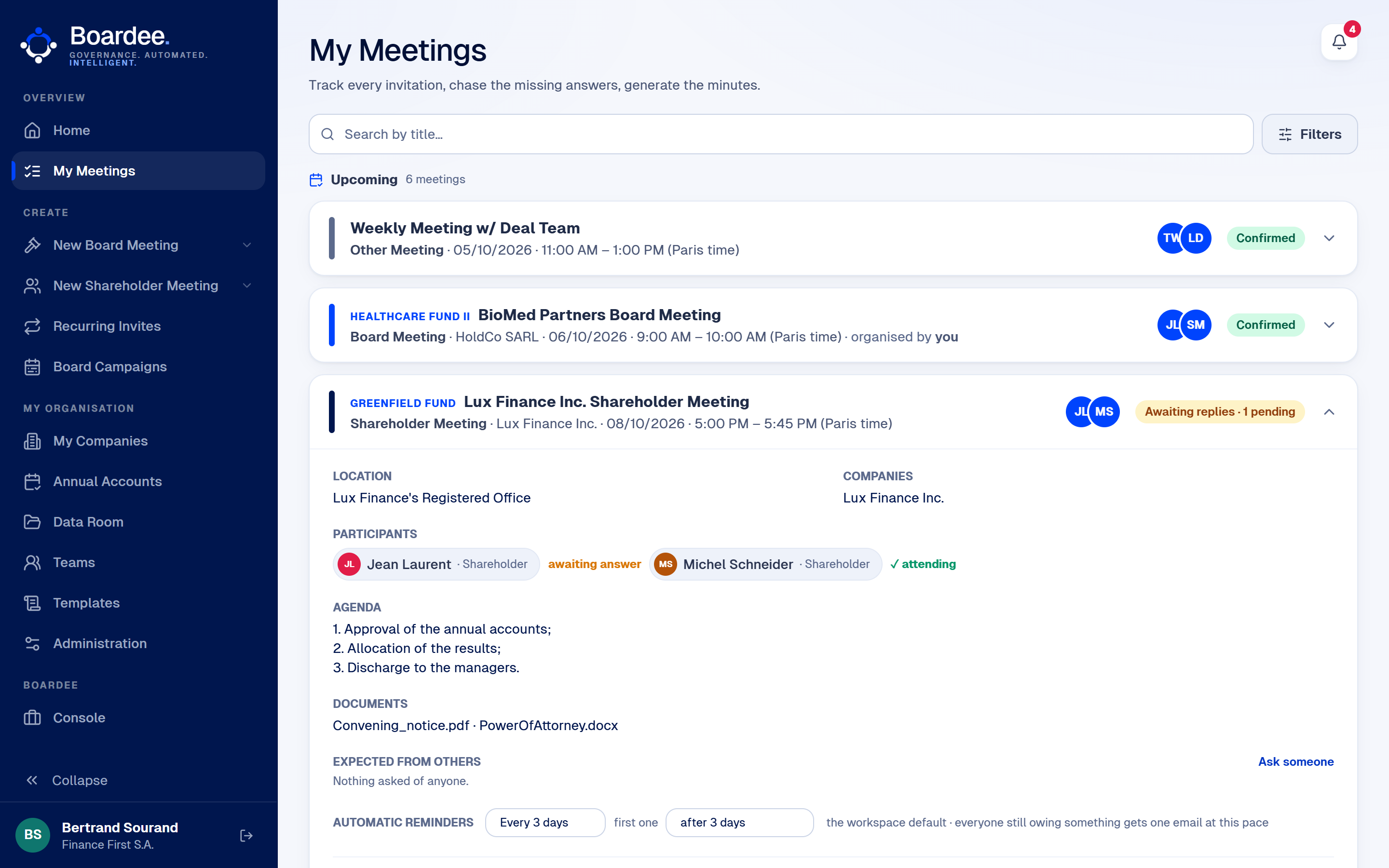 My Meetings: a shareholder meeting opened — who has answered, the agenda, the documents, the automatic reminders