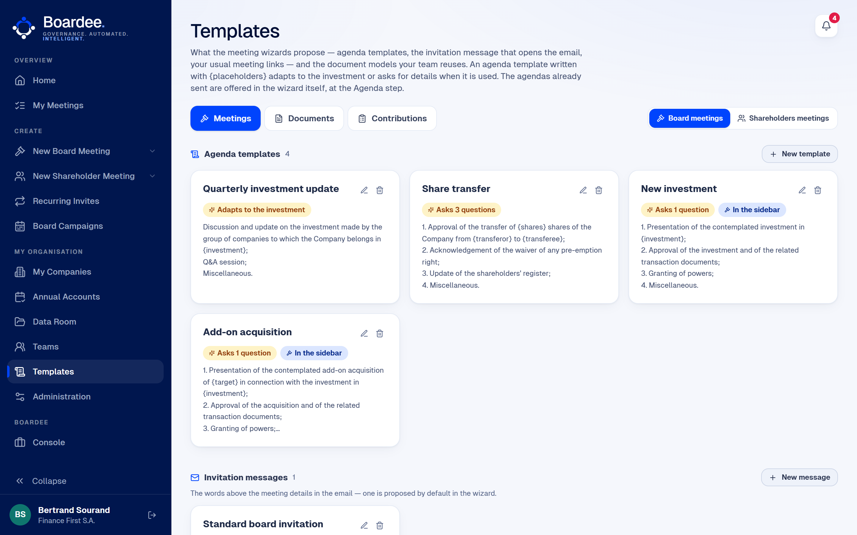 Agenda templates: quarterly investment update, share transfer, new investment, add-on acquisition